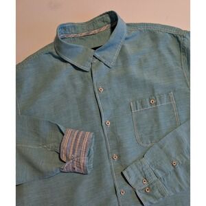 NWOT Tommy Bahama Mens XL Teal Gingham Linen Blend Long Sleeve Button Down Shirt